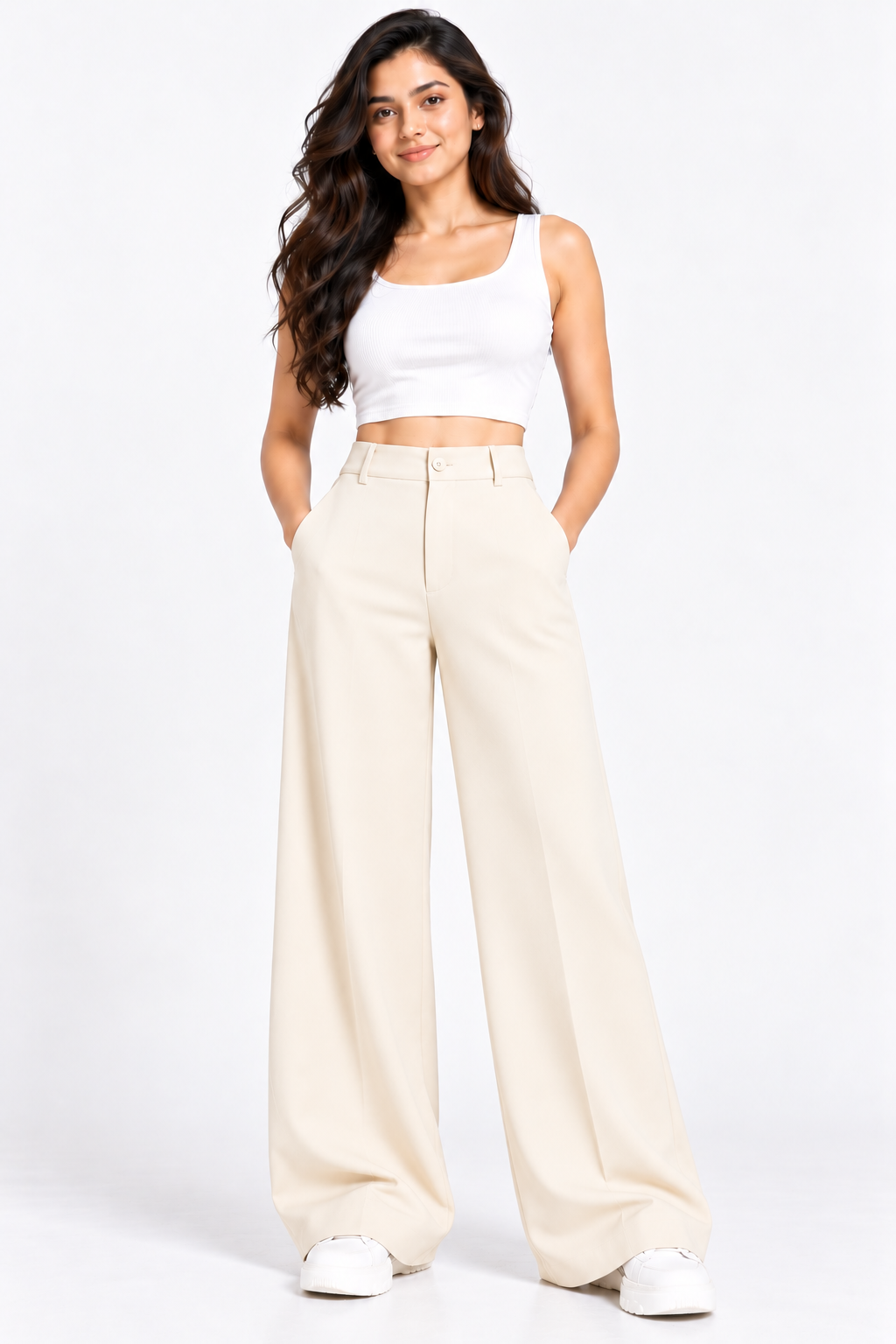 Model wearing cream formal trousers