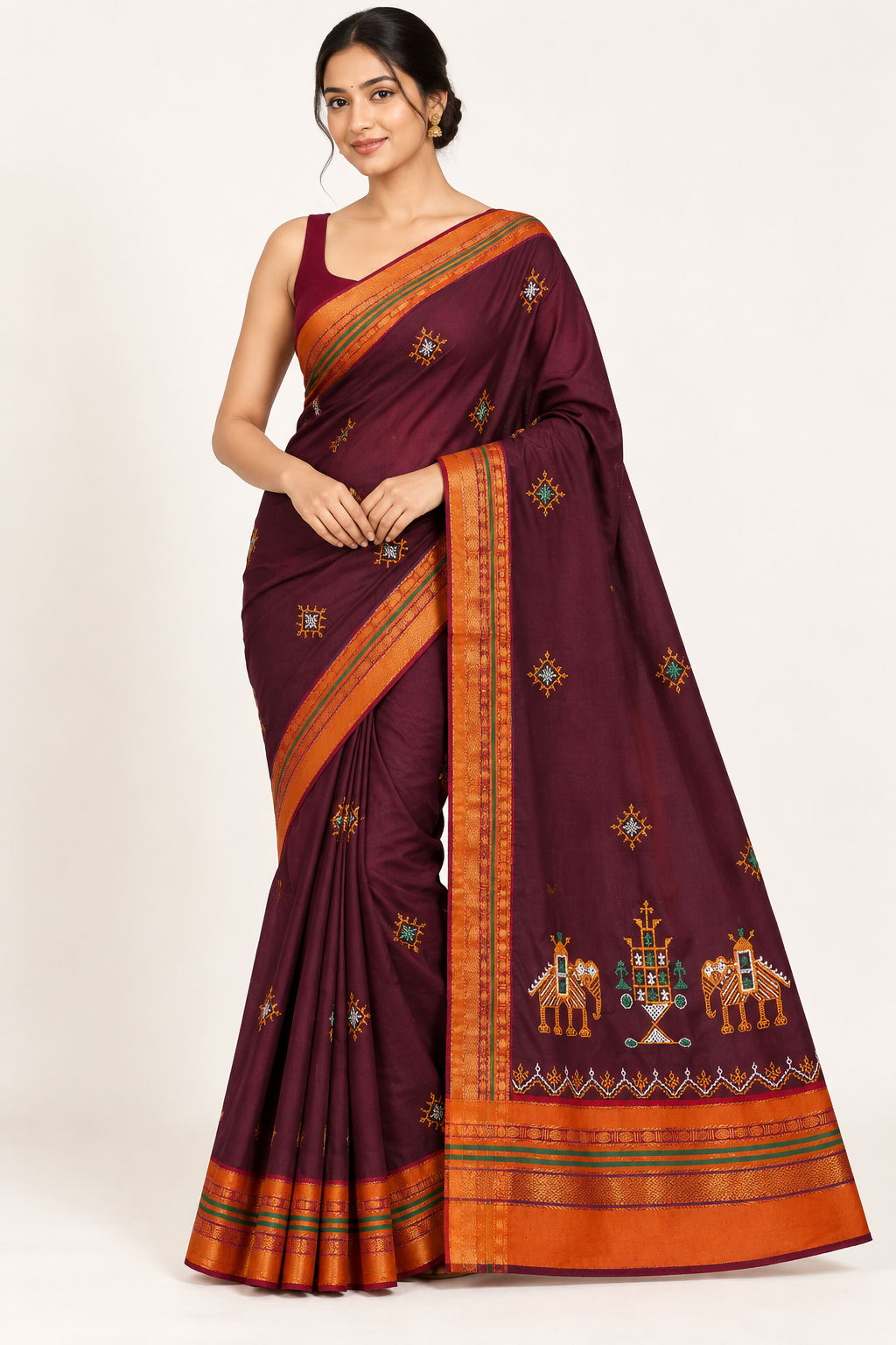 Maroon ilkal  Kasuti Work Acrylic Cotton saree